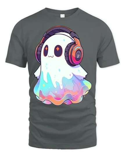 Cute Rainbow Ghost With Headphones Kawaii Music Lover T Shirt - gray t-shirt on white background