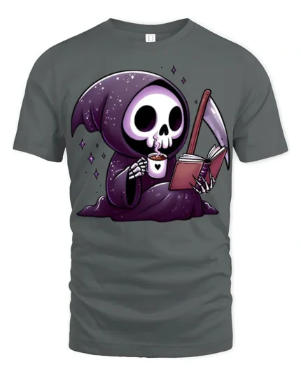 Cute Grim Reaper Reading Book And Drinking Coffee T Shirt - gray t-shirt on white background