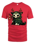 Cute Forest Spirit Skull Creature Magic Staff Cartoon T Shirt - red t-shirt on white background