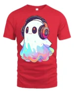 Cute Rainbow Ghost With Headphones Kawaii Music Lover T Shirt - red t-shirt on white background