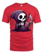 Cute Grim Reaper Reading Book And Drinking Coffee T Shirt - red t-shirt on white background