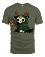 Cute Forest Spirit Skull Creature Magic Staff Cartoon T Shirt - military green t-shirt on white background