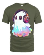 Cute Rainbow Ghost With Headphones Kawaii Music Lover T Shirt - military green t-shirt on white background