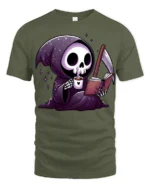 Cute Grim Reaper Reading Book And Drinking Coffee T Shirt - military green t-shirt on white background
