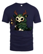 Cute Forest Spirit Skull Creature Magic Staff Cartoon T Shirt - navy t-shirt on white background