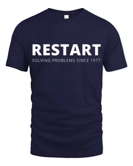 Restart Solving Problems Since 1977 Funny Tech Humor T Shirt - navy t-shirt on white background