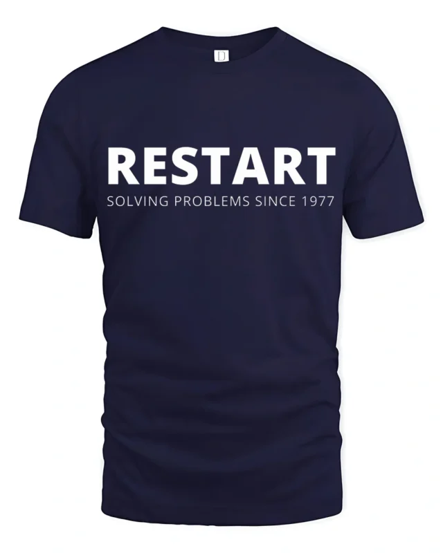 Restart Solving Problems Since 1977 Funny Tech Humor T Shirt - navy t-shirt on white background