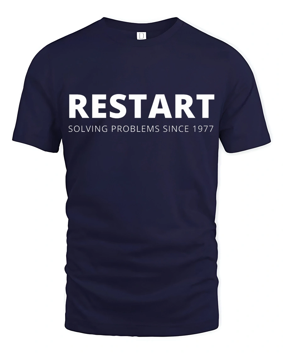 Restart Solving Problems Since 1977 Funny Tech Humor T Shirt - 1 Restart Solving Problems Since 1977 Funny Tech Humor T Shirt - navy t-shirt on white background