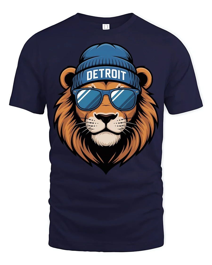 Cool Detroit Lion With Sunglasses Urban Street Style T Shirt - 1 Cool Detroit Lion With Sunglasses Urban Street Style T Shirt - navy t-shirt on white background