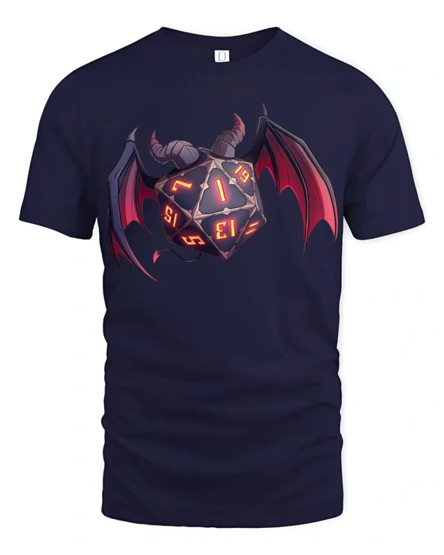 Dark Fantasy Dragon Wing D20 Dice Tabletop RPG Gamer T Shirt - navy t-shirt on white background