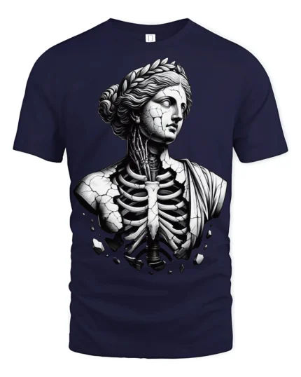 Gothic Broken Greek Statue Skeleton Dark Art Graphic T Shirt - navy t-shirt on white background