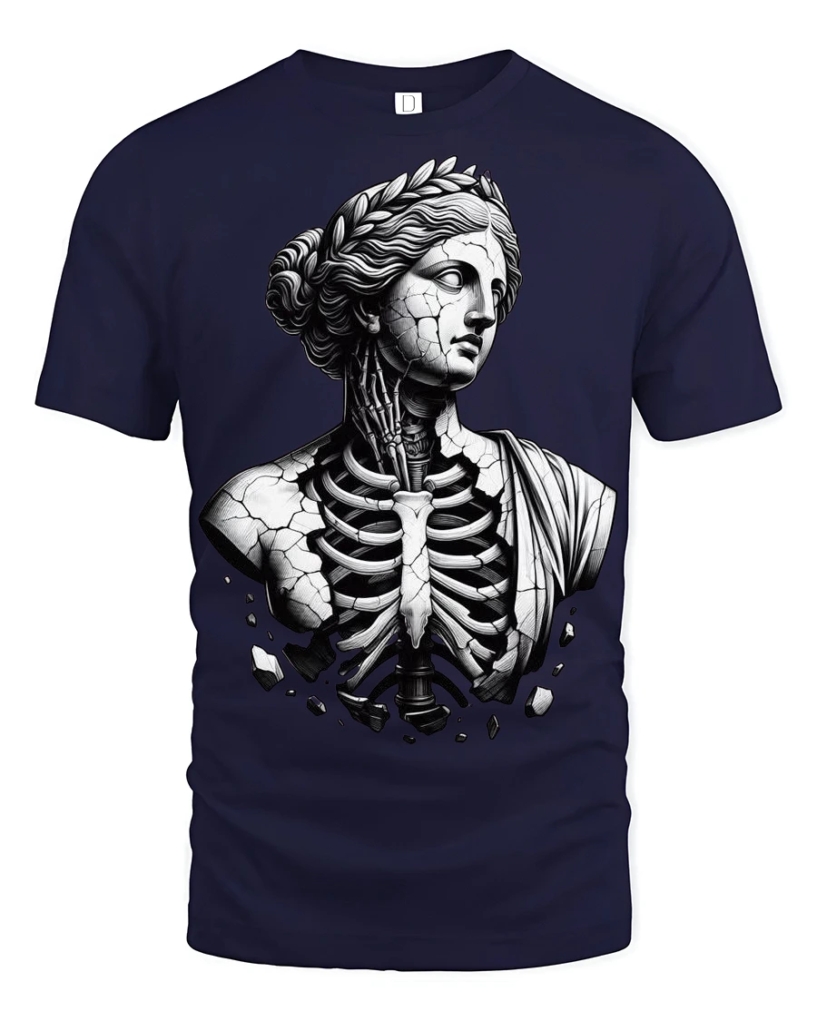 Gothic Broken Greek Statue Skeleton Dark Art Graphic T Shirt - 1 Gothic Broken Greek Statue Skeleton Dark Art Graphic T Shirt - navy t-shirt on white background