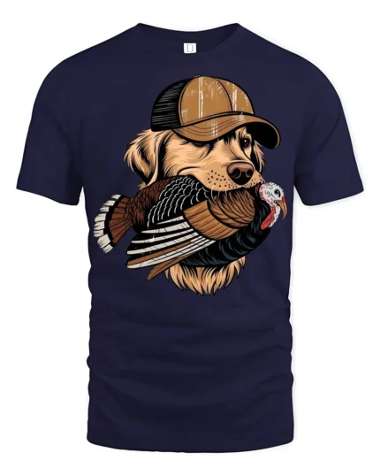 Funny Hunting Dog With Turkey Hunter Graphic T Shirt - navy t-shirt on white background