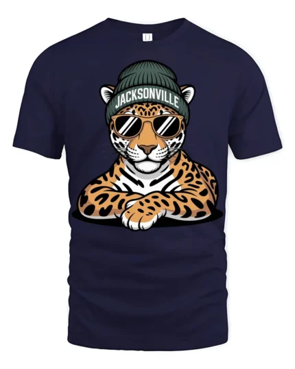 Cool Jacksonville Leopard With Sunglasses Urban Graphic T Shirt - navy t-shirt on white background