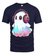 Cute Rainbow Ghost With Headphones Kawaii Music Lover T Shirt - navy t-shirt on white background