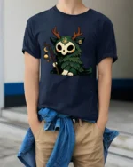 Cute Forest Spirit Skull Creature Magic Staff Cartoon T Shirt - model wearing navy tee with hands in pockets