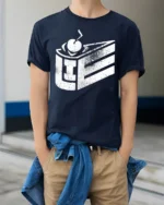 Product - model wearing navy tee with hands in pockets