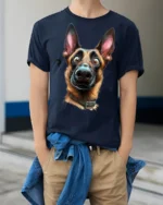 Funny Confused German Shepherd Dog Face Cute Pet Lover T Shirt - model wearing navy tee with hands in pockets