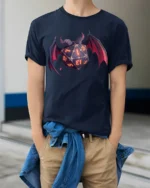 Dark Fantasy Dragon Wing D20 Dice Tabletop RPG Gamer T Shirt - model wearing navy tee with hands in pockets