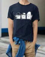 Ctrl Alt Del Funny Keyboard Crime Humor Graphic T Shirt - model wearing navy tee with hands in pockets