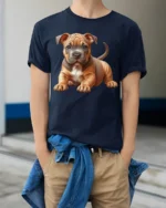 Cute Pitbull Puppy Dog Lover Realistic Pet Graphic T Shirt - model wearing navy tee with hands in pockets