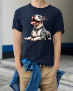 Cute Happy Pitbull Dog Lover Realistic Pet Graphic T Shirt - model wearing navy tee with hands in pockets