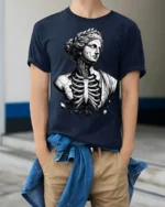 Gothic Broken Greek Statue Skeleton Dark Art Graphic T Shirt - model wearing navy tee with hands in pockets