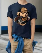 Funny Hunting Dog With Turkey Hunter Graphic T Shirt - model wearing navy tee with hands in pockets