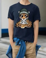 Cool Jacksonville Leopard With Sunglasses Urban Graphic T Shirt - model wearing navy tee with hands in pockets