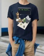 I Am Root Funny Linux Programmer Hacker Nerd Graphic T Shirt - model wearing navy tee with hands in pockets