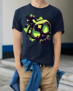 Neon Toxic Skull Potion Bottle Gamer Style Graphic T Shirt - model wearing navy tee with hands in pockets