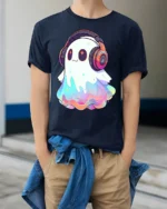 Cute Rainbow Ghost With Headphones Kawaii Music Lover T Shirt - model wearing navy tee with hands in pockets