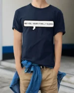 Hey You Youre Finally Awake Funny Gamer Meme Quote T Shirt - model wearing navy tee with hands in pockets