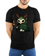 Cute Forest Spirit Skull Creature Magic Staff Cartoon T Shirt - model wearing black tee with hands behind back