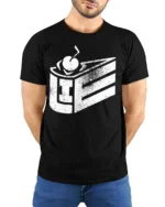 Product - model wearing black tee with hands behind back