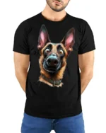 Funny Confused German Shepherd Dog Face Cute Pet Lover T Shirt - model wearing black tee with hands behind back