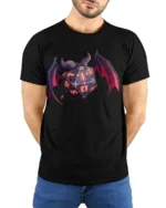 Dark Fantasy Dragon Wing D20 Dice Tabletop RPG Gamer T Shirt - model wearing black tee with hands behind back