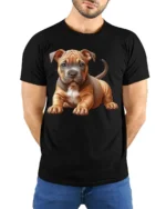 Cute Pitbull Puppy Dog Lover Realistic Pet Graphic T Shirt - model wearing black tee with hands behind back