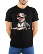 Cute Happy Pitbull Dog Lover Realistic Pet Graphic T Shirt - model wearing black tee with hands behind back