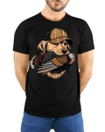 Funny Hunting Dog With Turkey Hunter Graphic T Shirt - model wearing black tee with hands behind back