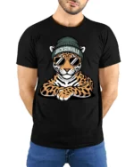 Cool Jacksonville Leopard With Sunglasses Urban Graphic T Shirt - model wearing black tee with hands behind back