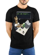I Am Root Funny Linux Programmer Hacker Nerd Graphic T Shirt - model wearing black tee with hands behind back
