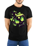 Neon Toxic Skull Potion Bottle Gamer Style Graphic T Shirt - model wearing black tee with hands behind back