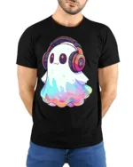 Cute Rainbow Ghost With Headphones Kawaii Music Lover T Shirt - model wearing black tee with hands behind back