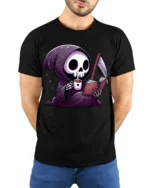 Cute Grim Reaper Reading Book And Drinking Coffee T Shirt - model wearing black tee with hands behind back