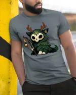 Cute Forest Spirit Skull Creature Magic Staff Cartoon T Shirt - model wearing grey tee, leaning on column