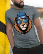 Cool Detroit Lion With Sunglasses Urban Street Style T Shirt - model wearing grey tee, leaning on column