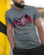 Dark Fantasy Dragon Wing D20 Dice Tabletop RPG Gamer T Shirt - model wearing grey tee, leaning on column