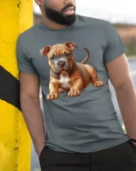 Cute Pitbull Puppy Dog Lover Realistic Pet Graphic T Shirt - model wearing grey tee, leaning on column