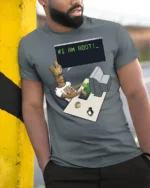 I Am Root Funny Linux Programmer Hacker Nerd Graphic T Shirt - model wearing grey tee, leaning on column